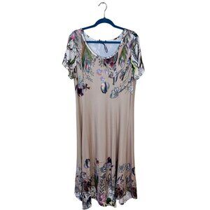 Lily By Firmiana XL Floral Print Short Sleeve Dress Beige Asymmetrical Hem Maxi